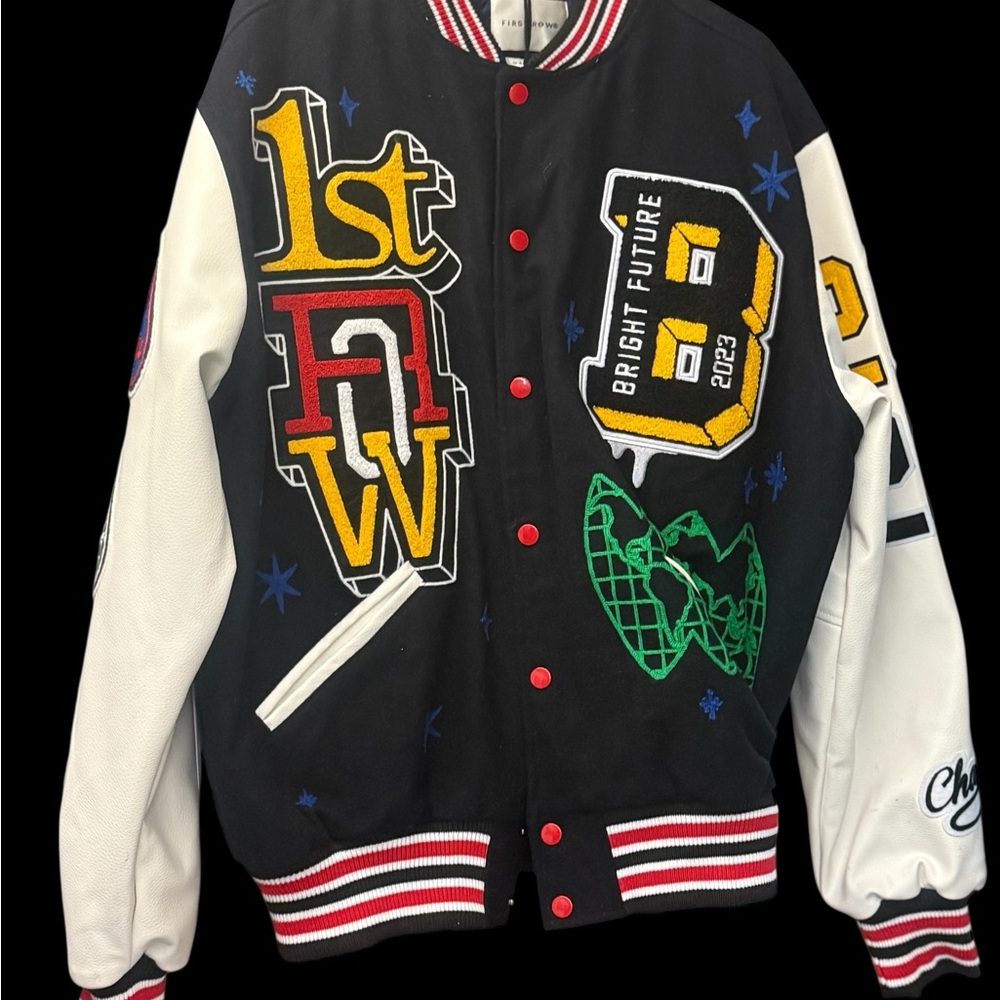 Black and White Varsity Jacket with Colorful Patches